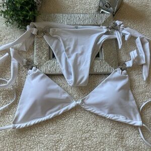 Silver and White Minimalist Bikini Set with Triangle Top and Adjustable Ties